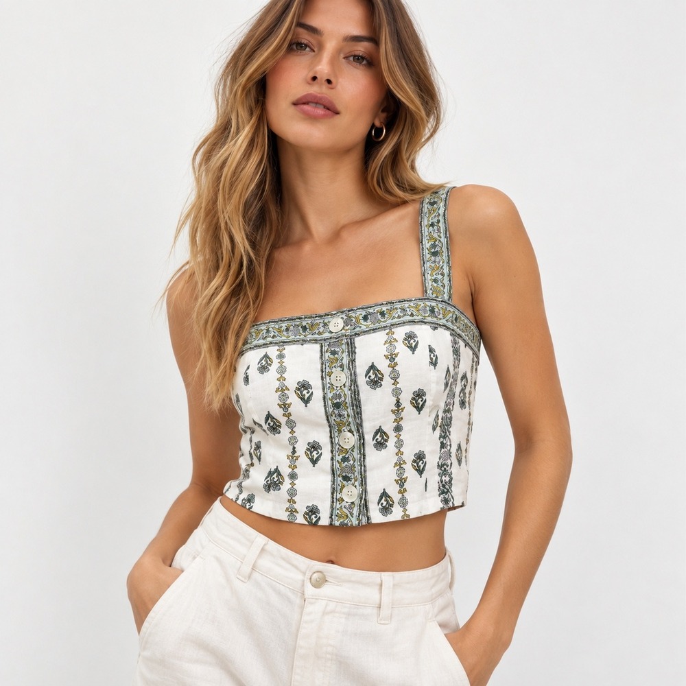 Veronica Beard Milton Floral Ramie Tank Top White Green Button Front Size 0